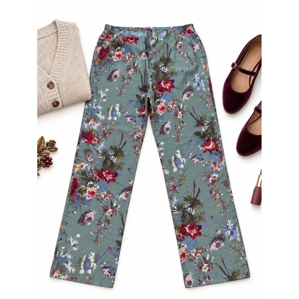 Johnny Was Women's 2X Sage Green Floral Stretch Cotton Pull-On Lounge Pants Boho